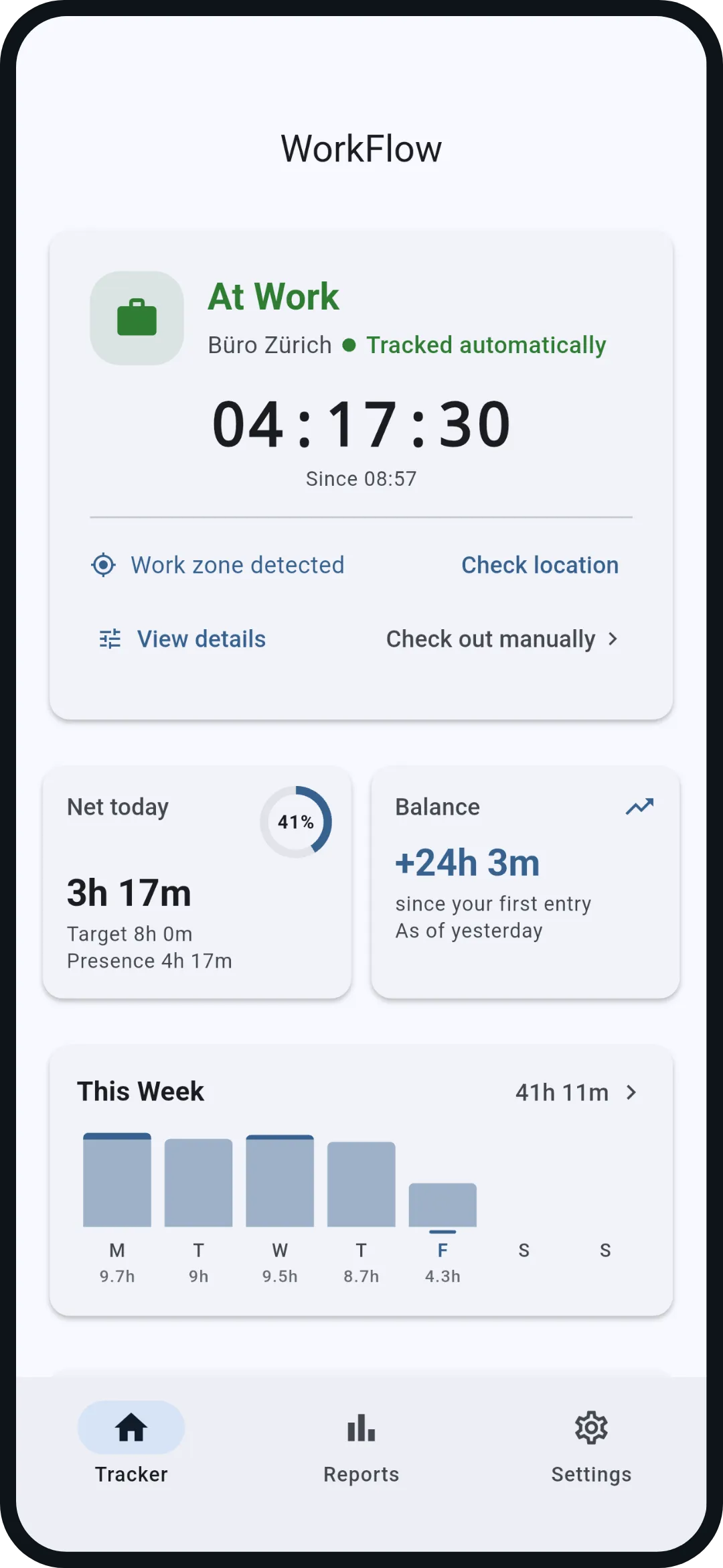 Dashboard with the work zone detected and the timer running