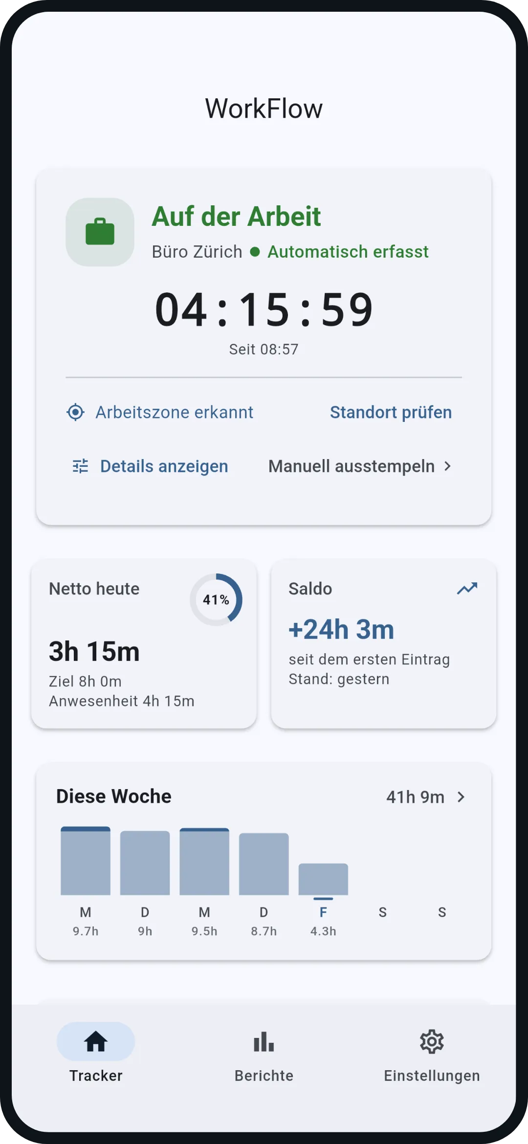 Dashboard mit erkannter Arbeitszone und laufender Zeit