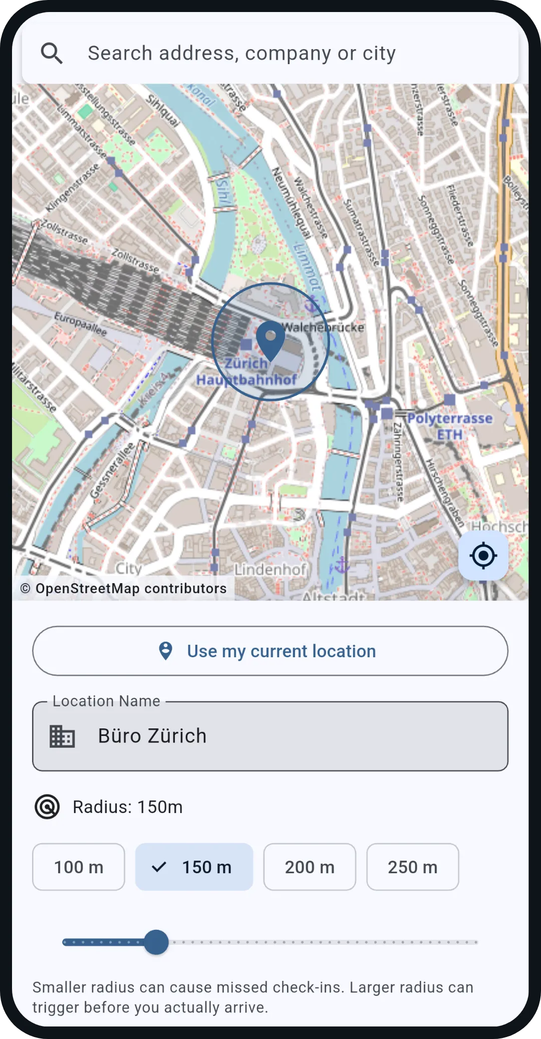 Map with the workplace and its radius during setup
