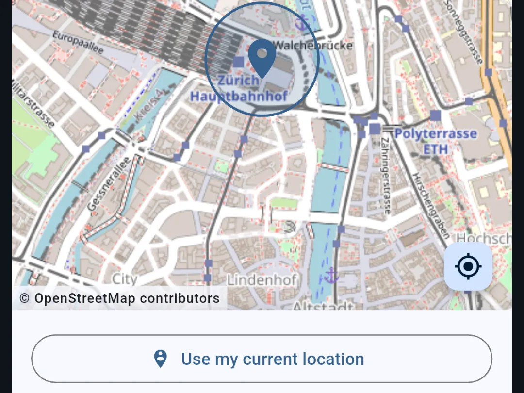 Map with the workplace Zurich main station and its radius, below it the button Use current location