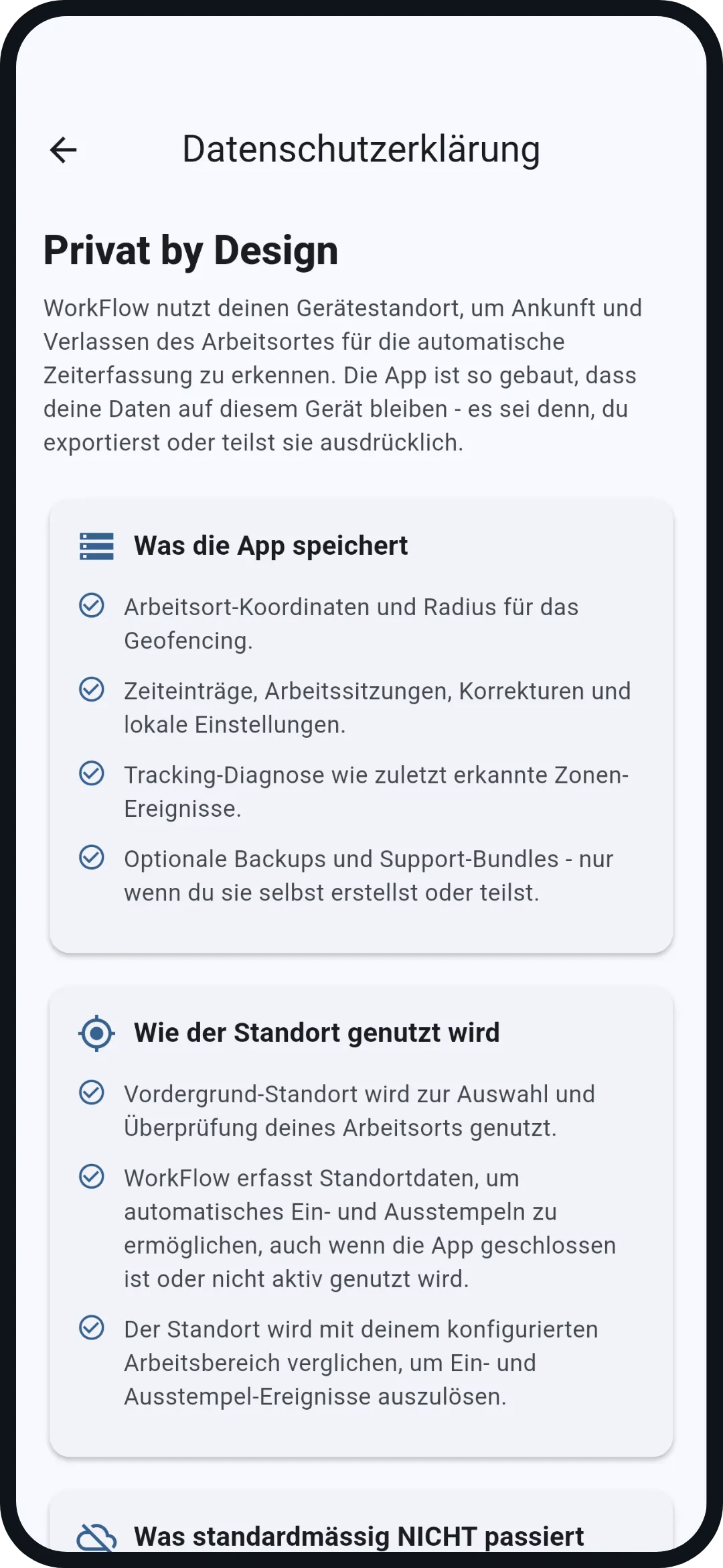 Datenschutzseite in der App: Privat by Design