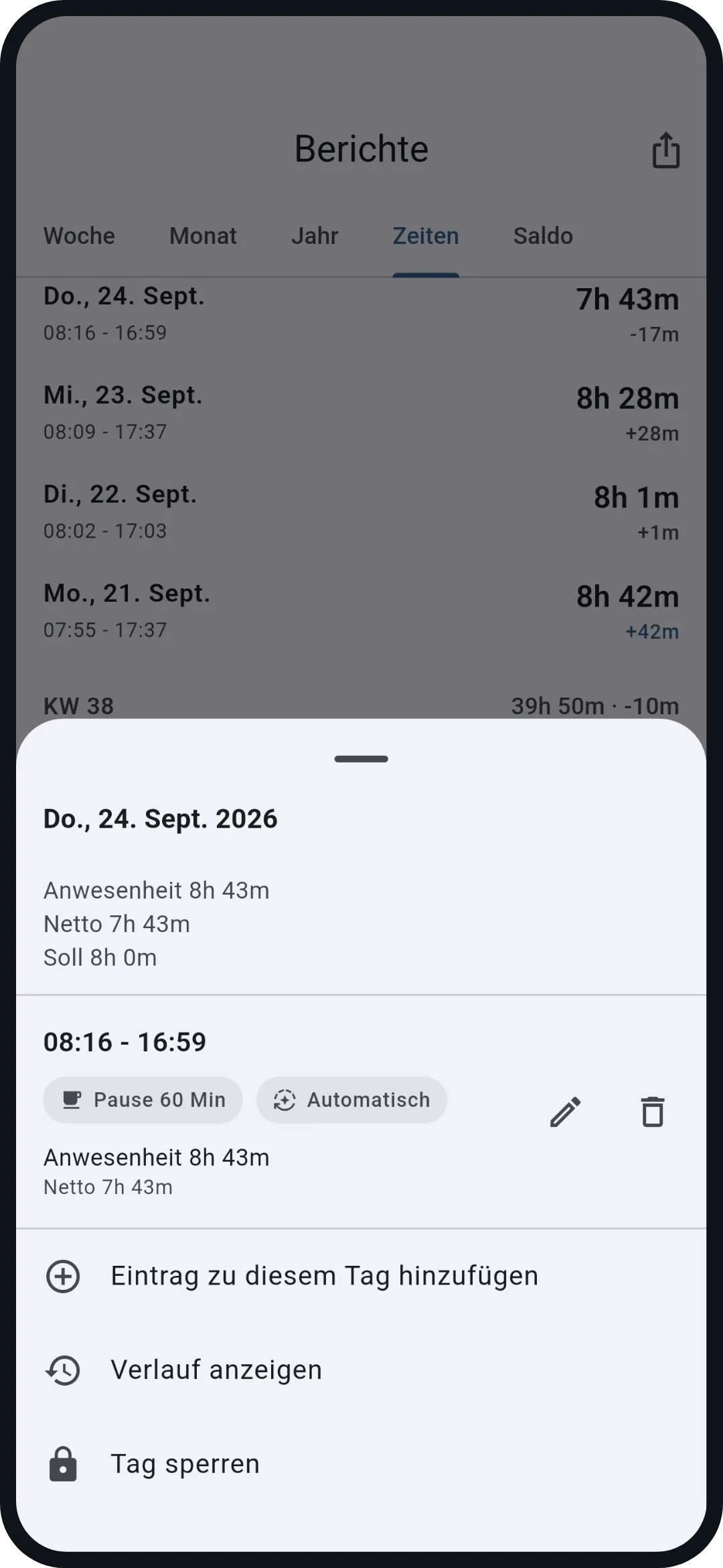 Zeiten-Tab mit geöffnetem Tag: Anwesenheit, Netto, Soll