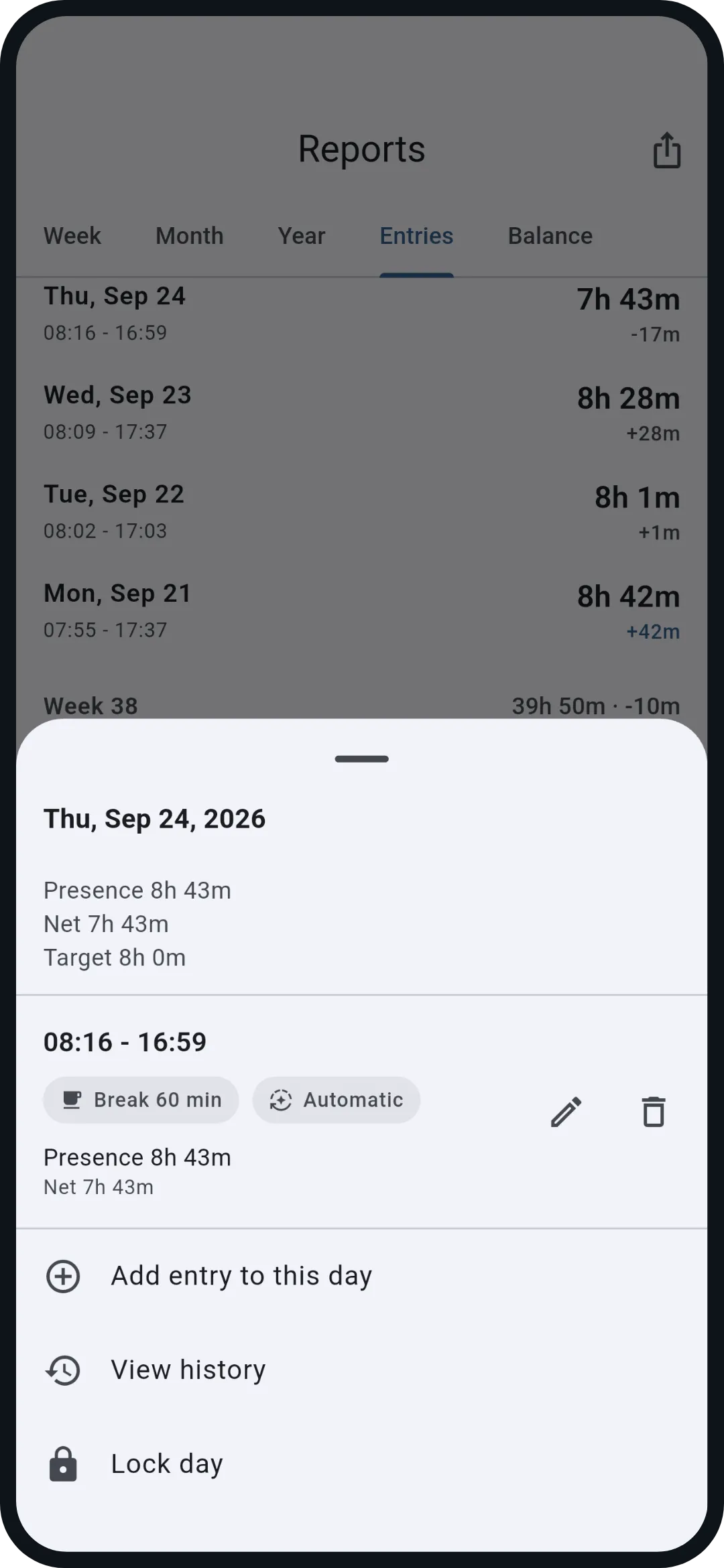 Records tab with an open day: presence, net, target