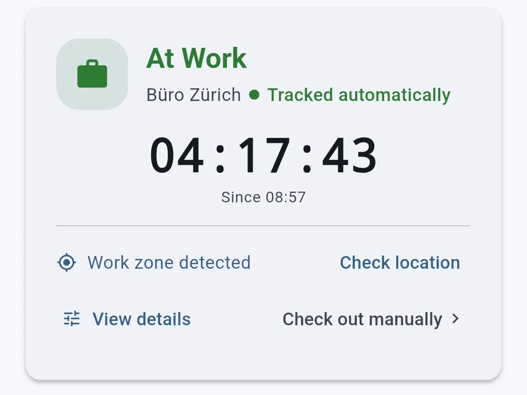 Status card At work, Zurich office, tracked automatically, timer 04:15:59