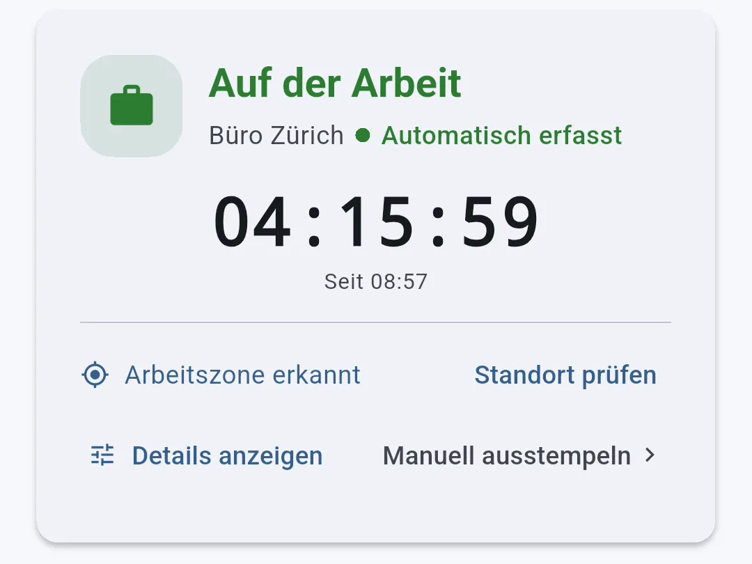 Statuskarte Auf der Arbeit, Büro Zürich, automatisch erfasst, Timer 04:15:59